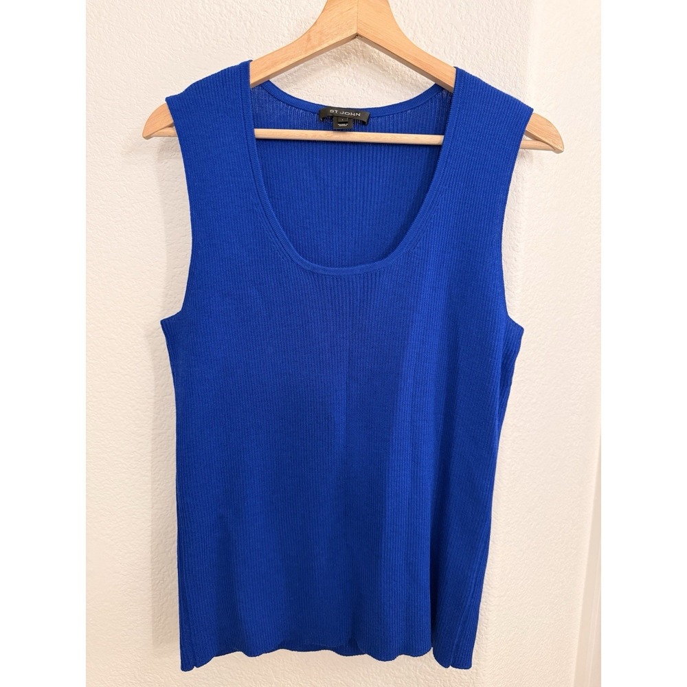 ST. John Knitted Womens Tank Top L Wool Blend Stretch Blue Scoop Neck USA